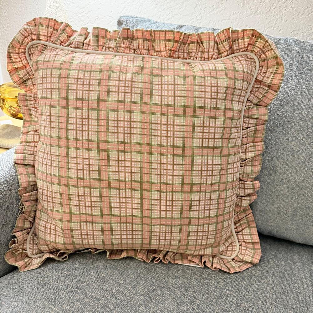 Vintage Croscill Home Plaid Ruffle Accent Throw Pillow Pink Green 14x14